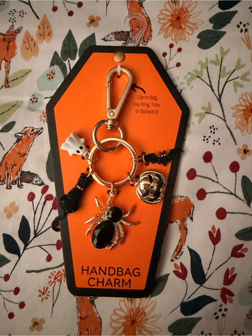 Halloween Themed Handbag Charm Keychain with Black Spider and Gold Accents